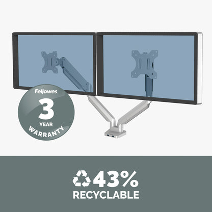 Fellowes Platinum Series Dual Monitor Arm - Monitor Mount for Two 8KG 40 Inch Screens - Adjustable Dual Monitor Desk Mount - Tilt 45° Pan 180ᵒ Swivel 360ᵒ Rotation 360ᵒ, VESA 75 x 75/100 x 100 - Silver
