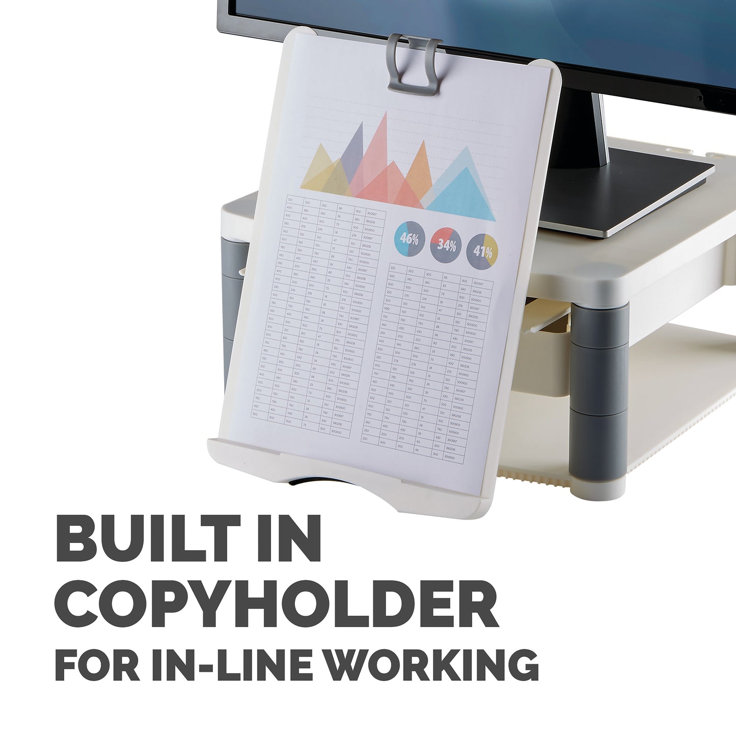 Fellowes Premium Monitor Riser Plus with Storage Drawer and Built In Copyholder White 9171302