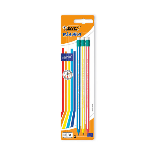 Bic Stripes HB Pencils Eraser Tip Assorted Blister (Pack of 3) 8902781