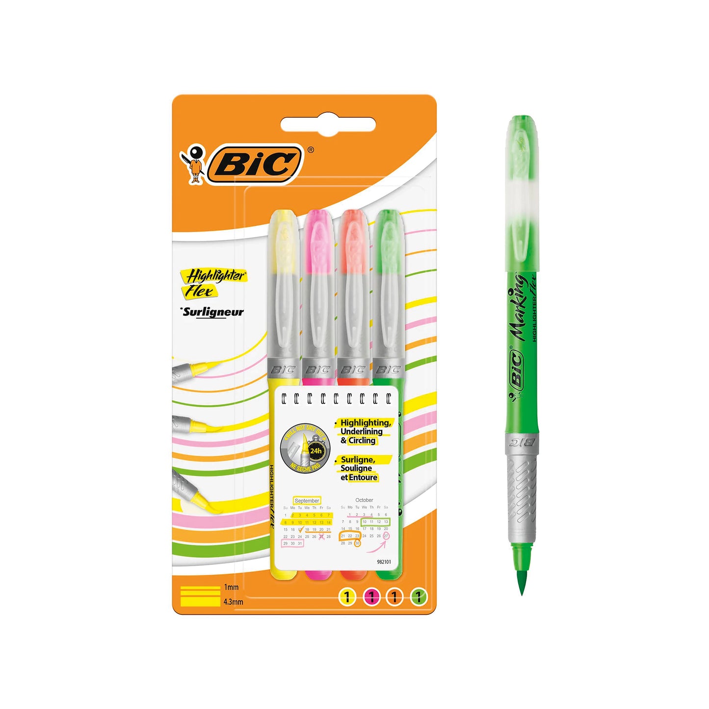 Bic Highlighter Flex Brush Tip Assorted Colours (Pack of 4) 942041