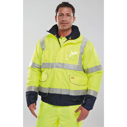 Beeswift Two Tone High Visibility Bomber Jacket with Concealed Hood Saturn Yellow/Navy Blue XS