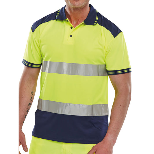 Beeswift PK Two Tone High Visibility Short Sleeve Polo Shirt Saturn Yellow/Navy Blue 2XL