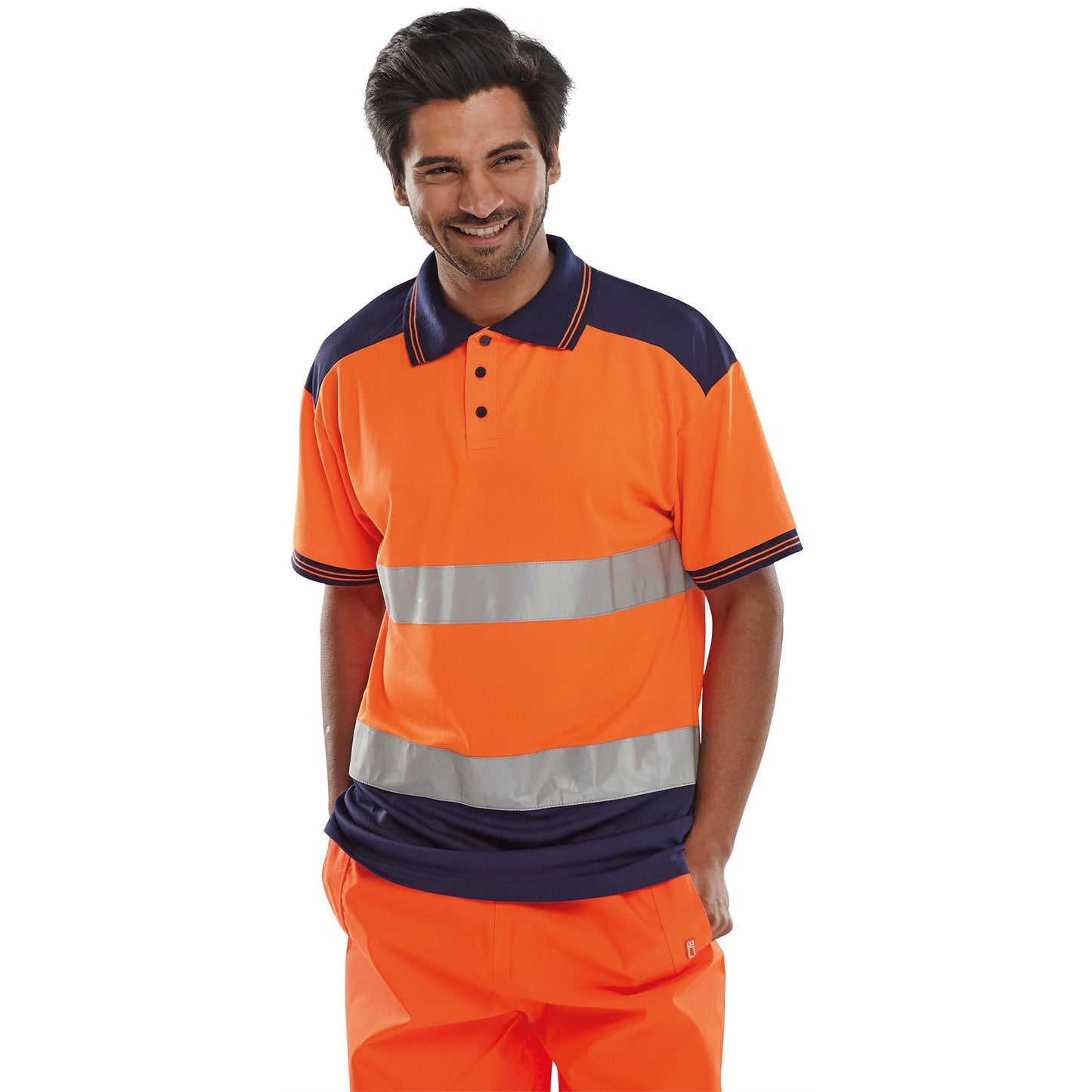 Beeswift PK Two Tone High Visibility Short Sleeve Polo Shirt Orange/Navy Blue XL