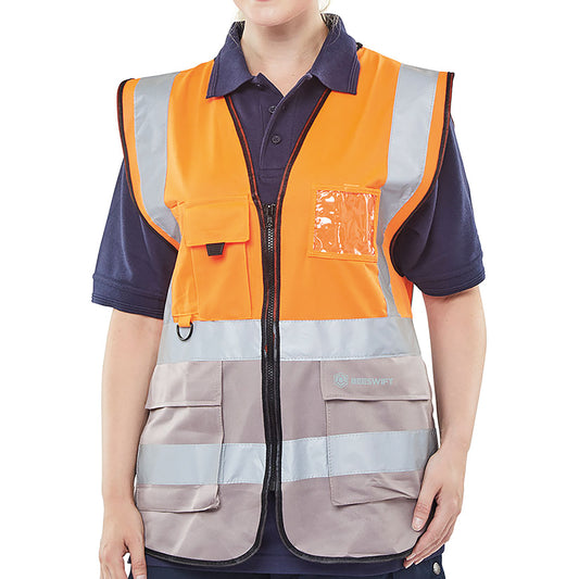 Beeswift High Visibility Two Tone Executive Waistcoat Orange/Grey L