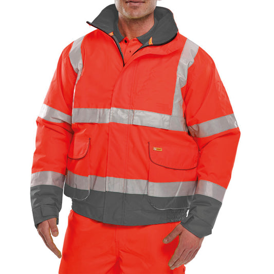 Beeswift Two Tone High Visibility Bomber Jacket with Concealed Hood Red/Grey 4XL