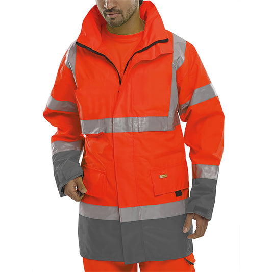 Beeswift Two Tone Detachable Hood Reflective Taped Traffic Jacket Red/Grey XL