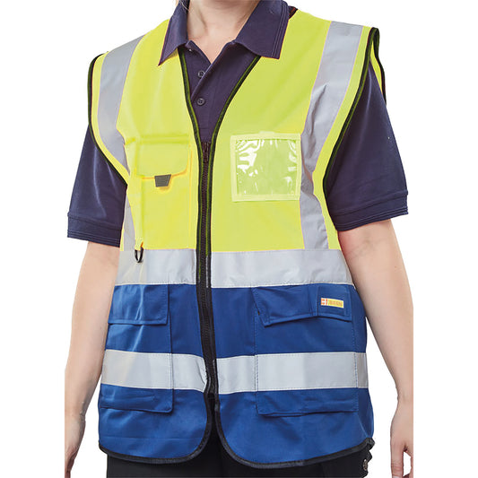 Beeswift High Visibility Two Tone Executive Waistcoat Saturn Yellow/Navy Blue S