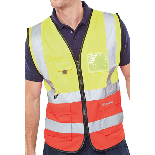 Beeswift High Visibility Two Tone Executive Waistcoat Saturn Yellow/Red XS