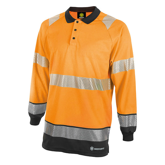 Beeswift High Visibility Two Tone Long Sleeve Polo Shirt Orange/Black 2XL