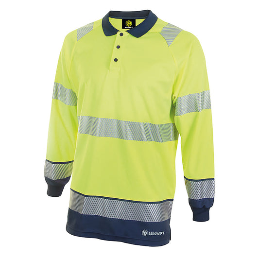 Beeswift High Visibility Two Tone Long Sleeve Polo Shirt Saturn Yellow/Navy Blue 3XL