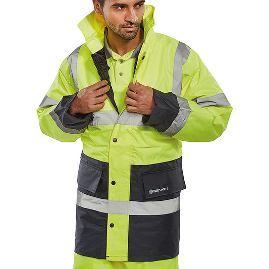 Beeswift Fleece Lined High Visibility Traffic Jacket Saturn Yellow/Navy Blue 2XL