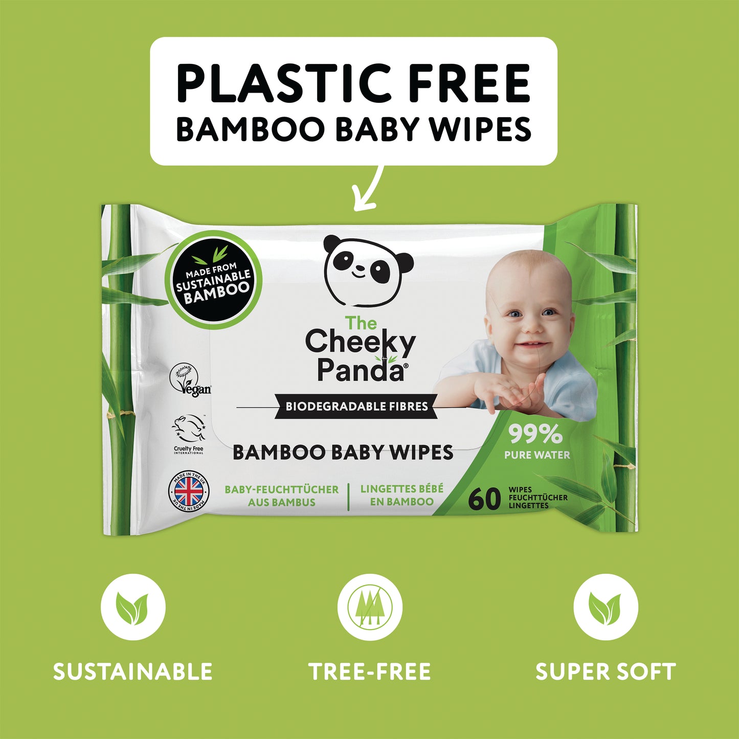 Cheeky Panda Biodegradable Bamboo Baby Wipes Packet of 60 Wipes (Pack of 12) BABYW-GBR
