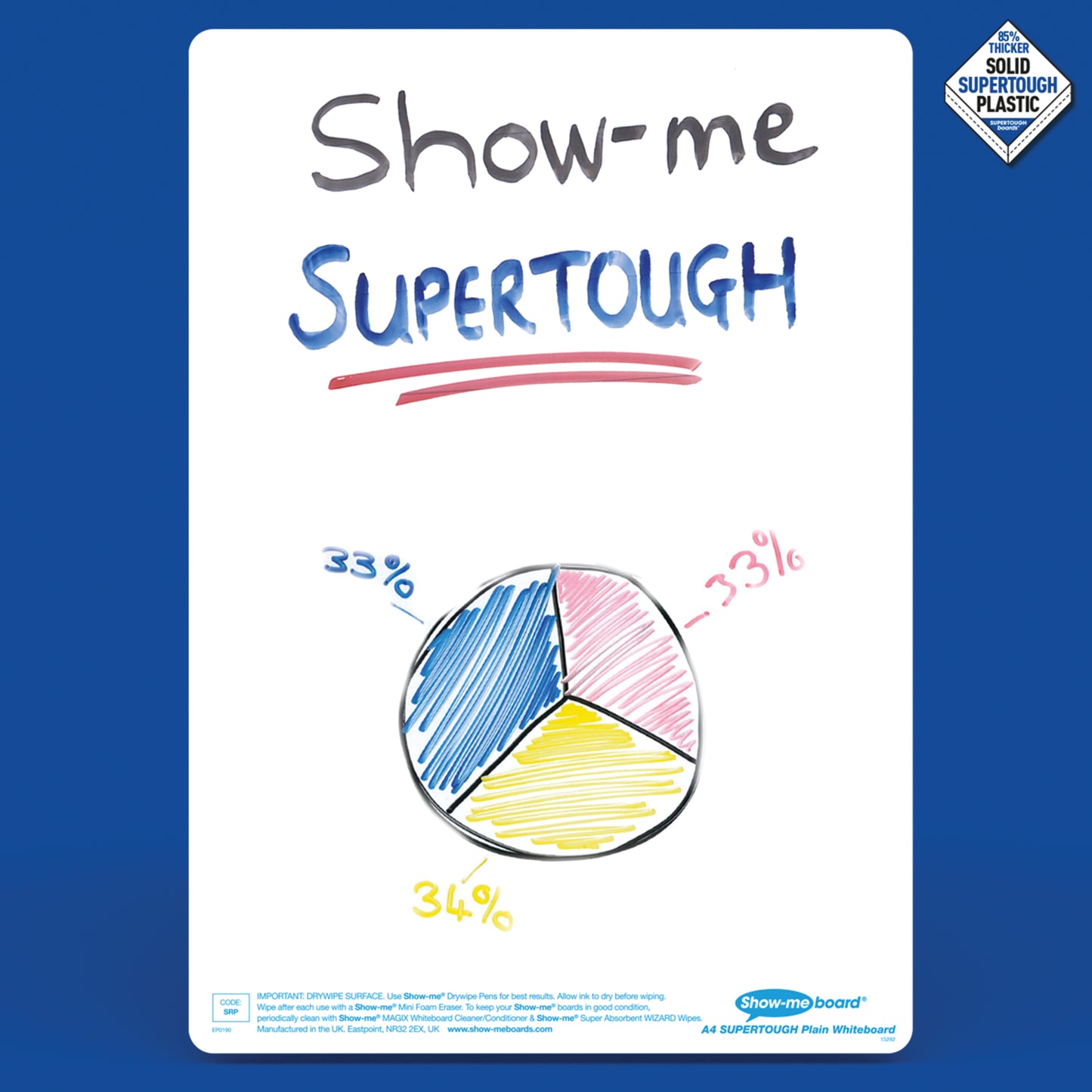Show-me SUPERTOUGH A4 Whiteboards Plain/Plain Bulk Box (100 boards, pens and erasers + Free cleaners