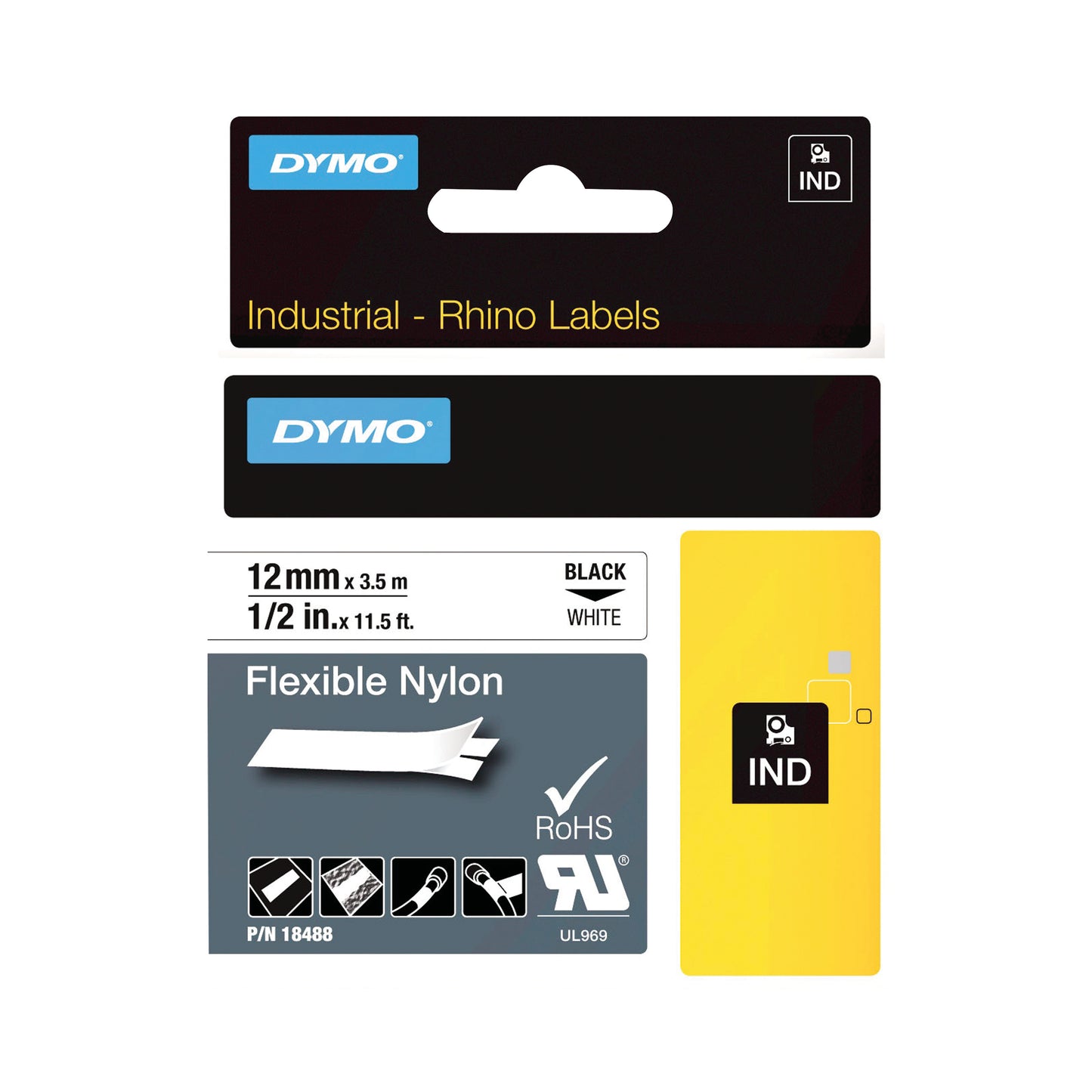 Dymo 18488 Rhino Nylon Tape 12mm x 3.5m Black on White S0718100