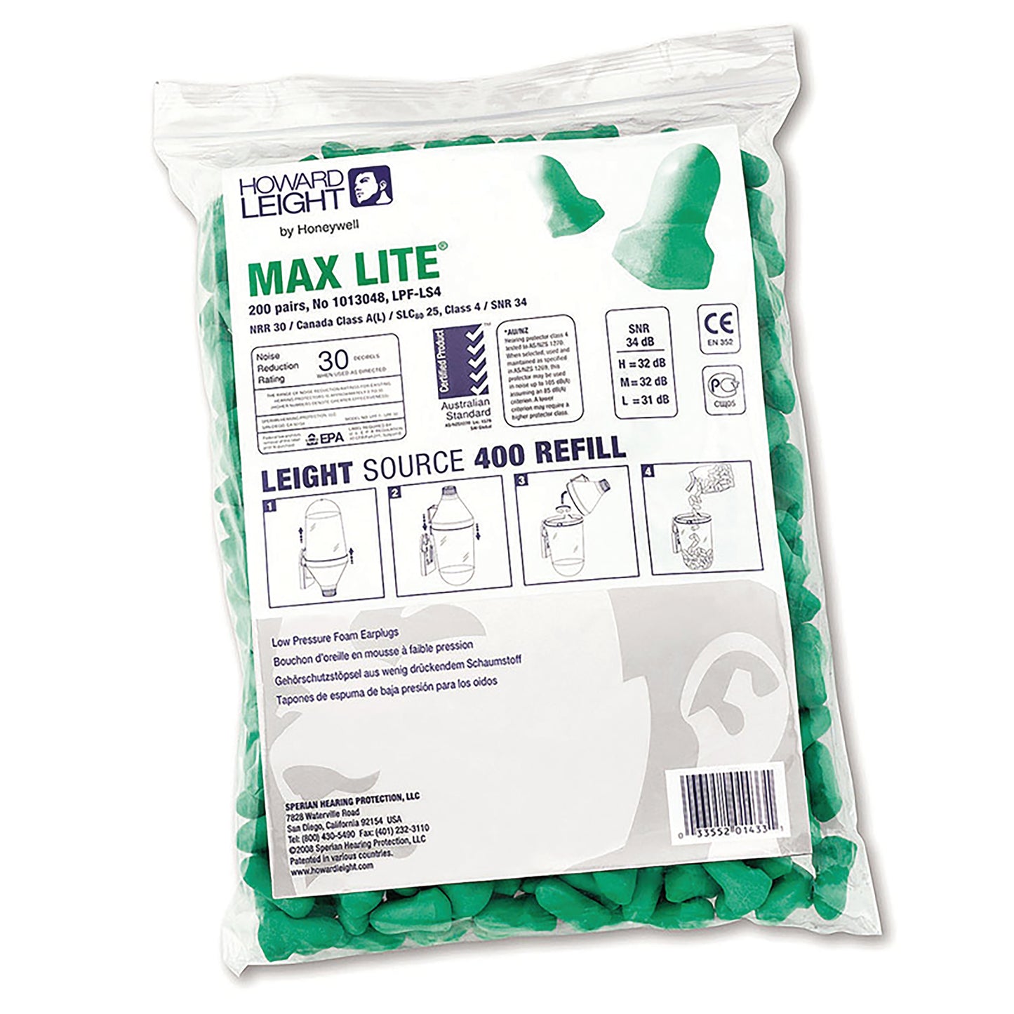 Honeywell Maxlite LS400 Earplug Refill (Pack of 200) Green