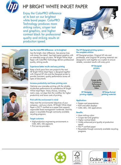 HP Bright White Inkjet Paper 841mm x45.7m (Quality 90 gsm paper reduces amount of smear) Q1444A