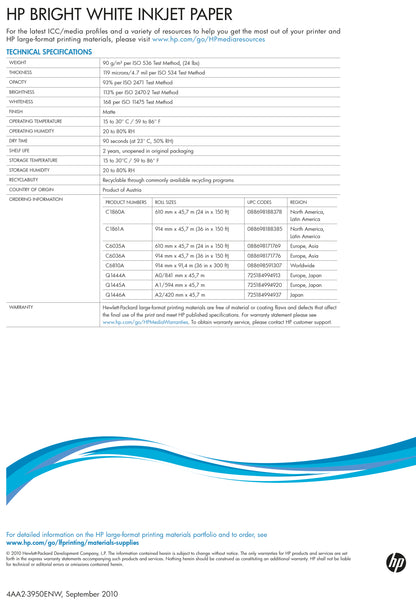 HP Bright White Inkjet Paper 841mm x45.7m (Quality 90 gsm paper reduces amount of smear) Q1444A