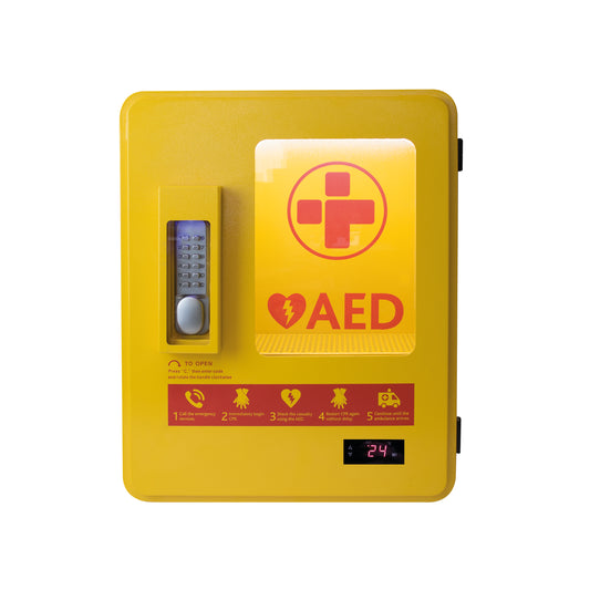 AED Alarmed Outdoor Wall Mountable Heated Metal Cabinet Yellow 2105