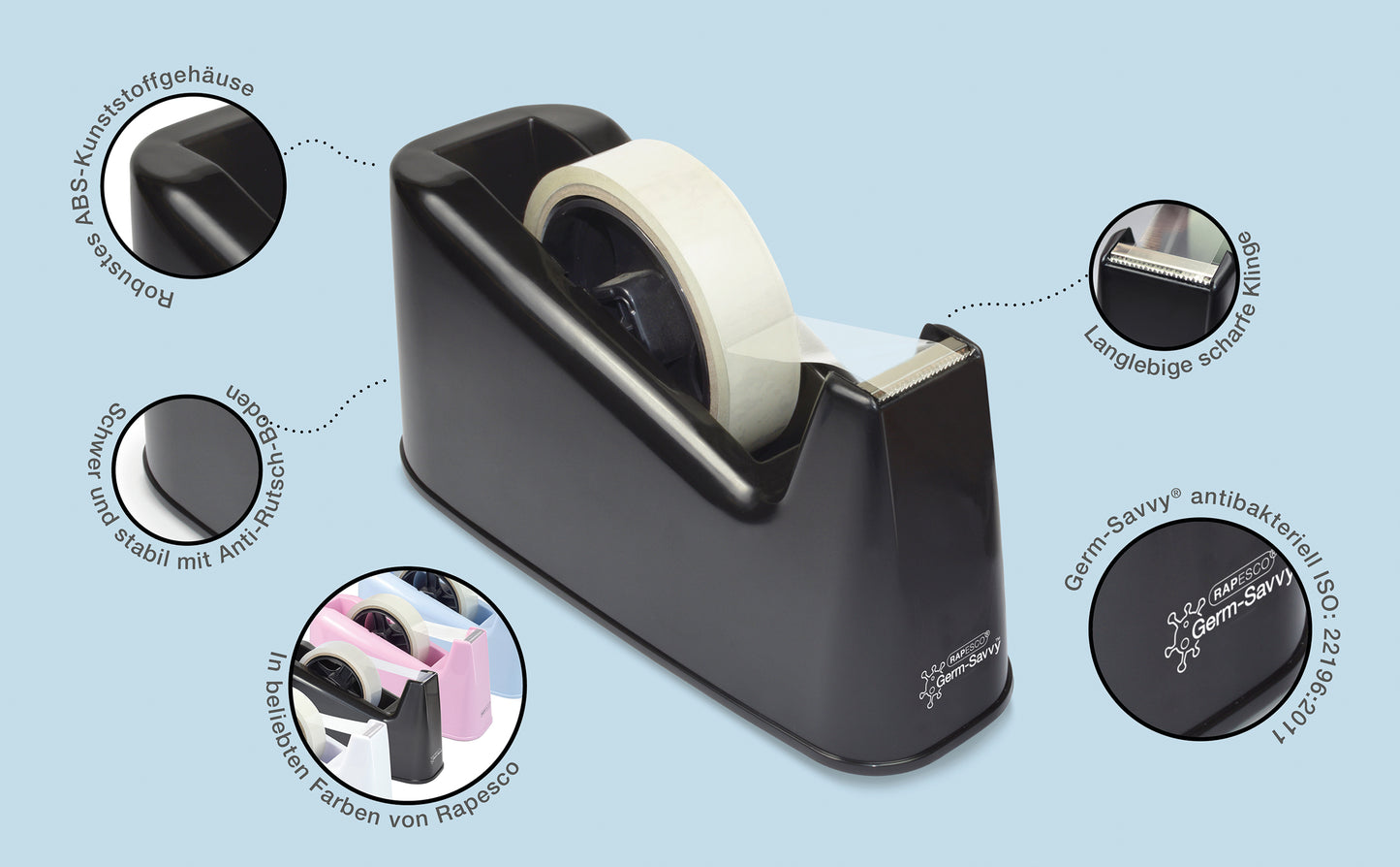 Rapesco Germ-Savvy 500 Tape Dispenser Heavy Duty Black RPTD500B
