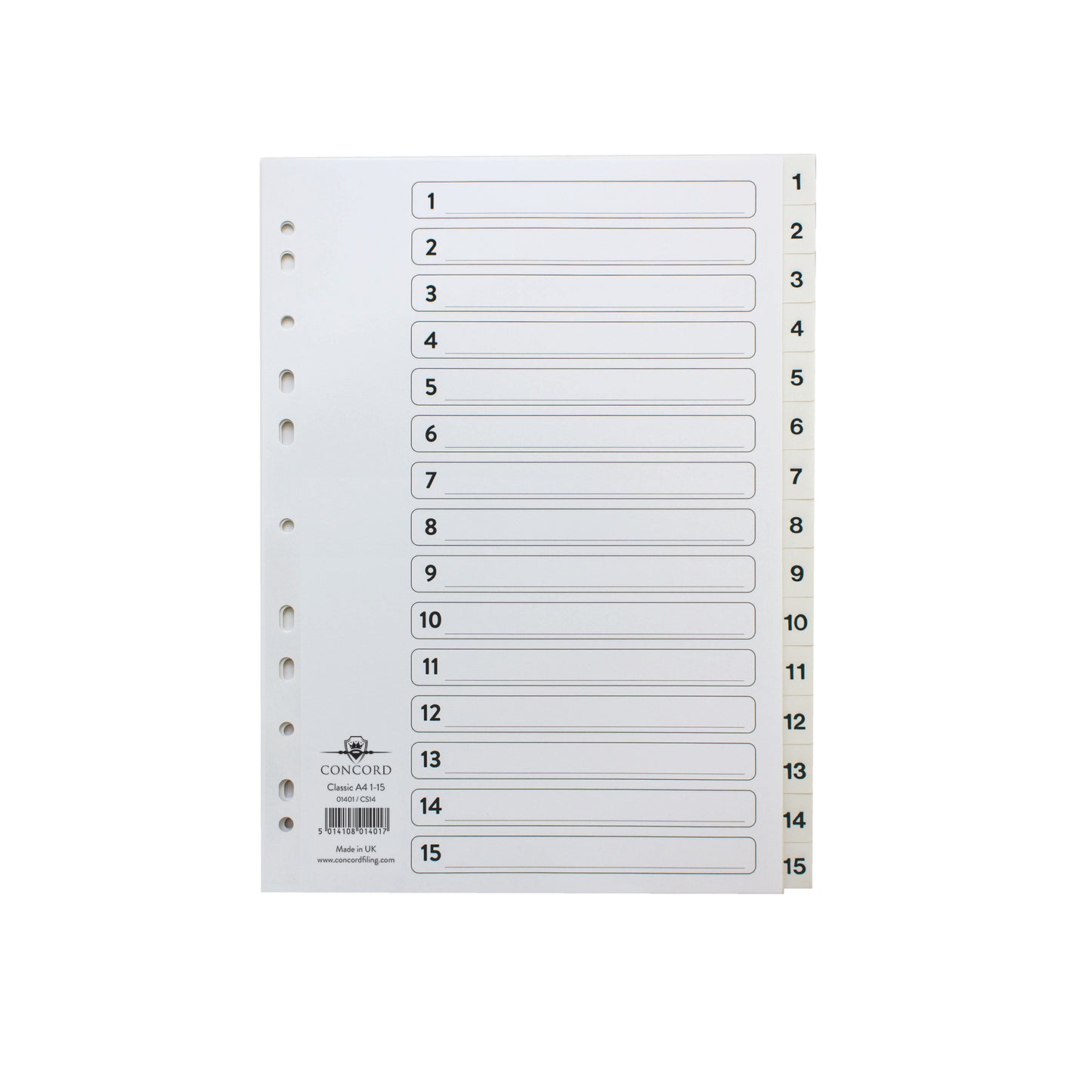 Concord Classic Index 1-15 A4 White Board Clear Mylar Tabs 01401/CS14