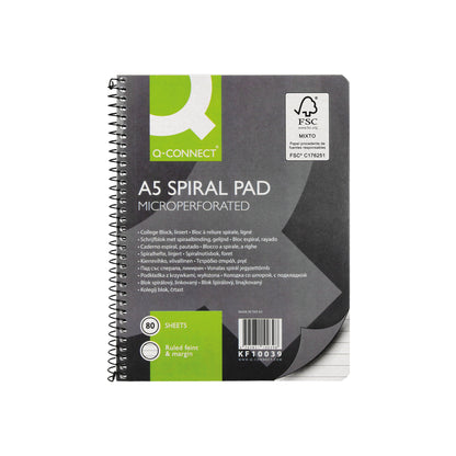 Q-Connect Ruled Margin Spiral Soft Cover Notebook 160 Pages A5 (Pack of 5) KF10039