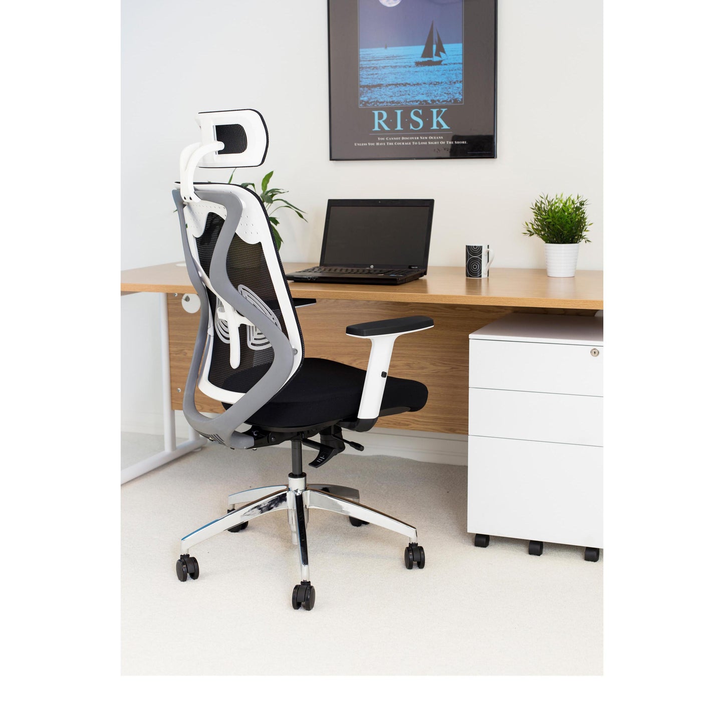 Polaris Stealth Operator Chair Headrest Adjustable Arms 660x660x1140-1240mm White/Black KF70060