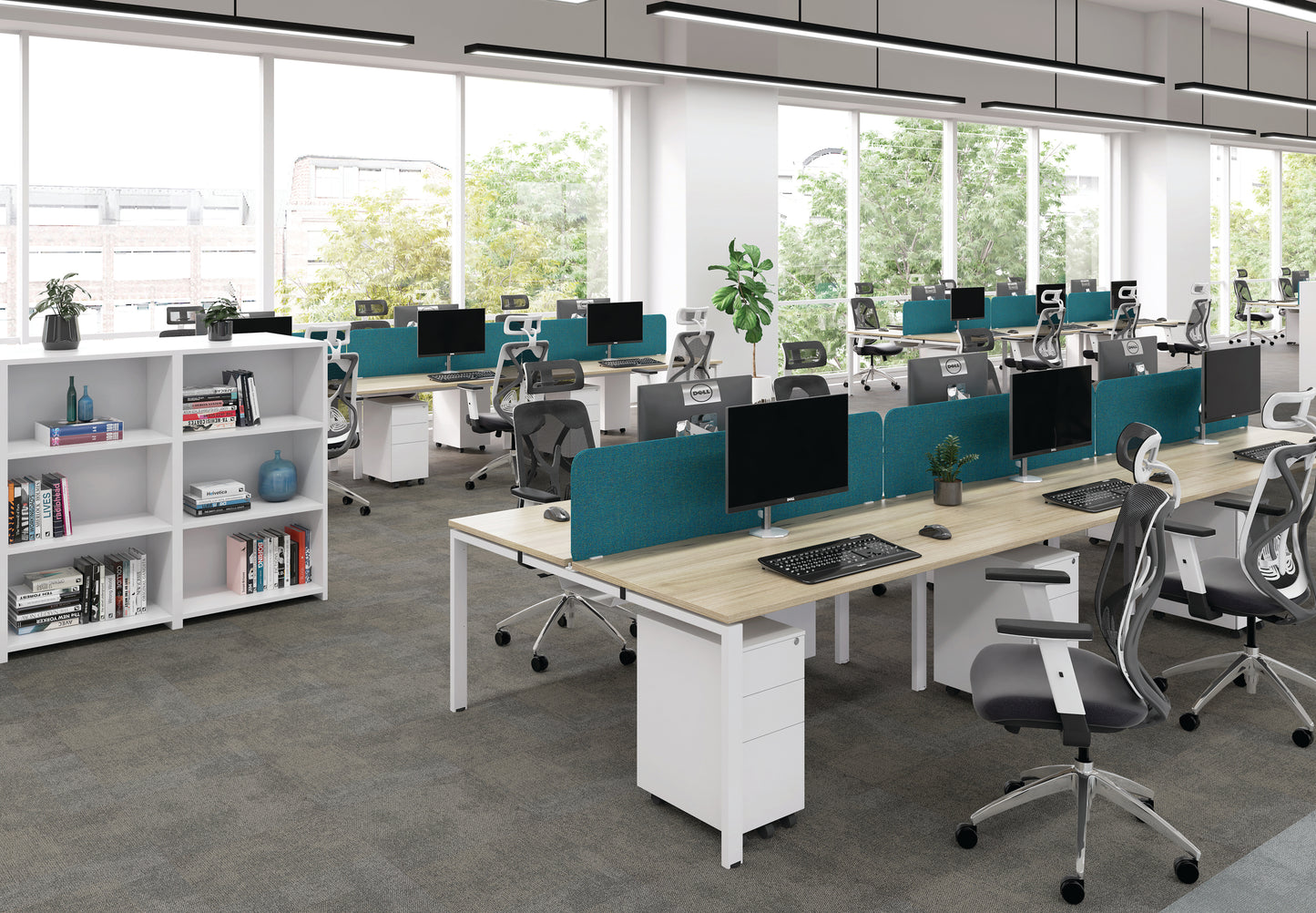 Jemini 2 Person Bench Desk 3200x1600x730mm Grey Oak/White KF809395