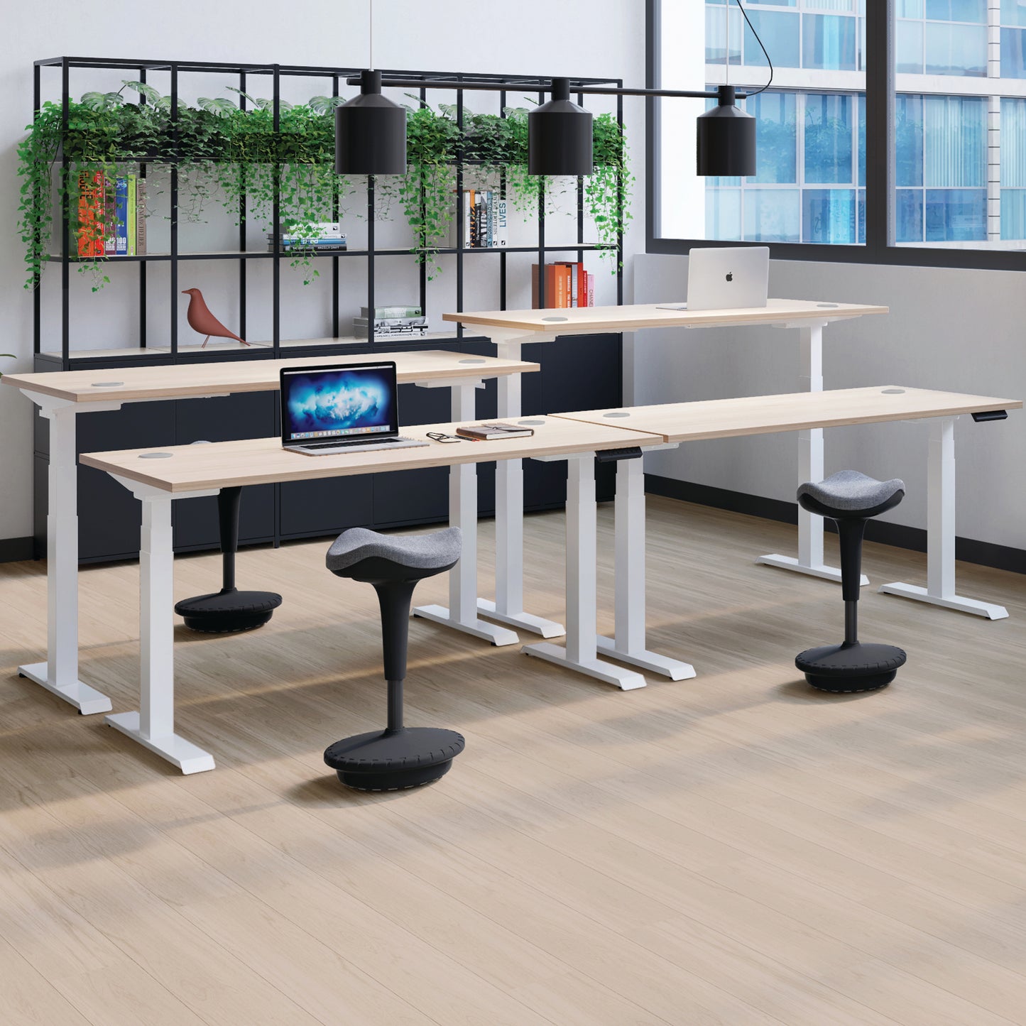Jemini Sit/Stand Desk with Cable Ports 1600x800x630-1290mm Grey Oak/Silver KF809944
