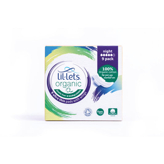 Lil-Lets Organic Sanitary Pads Ultra Thin with Wings Night x9 (Pack of 24) 94ORGNI9