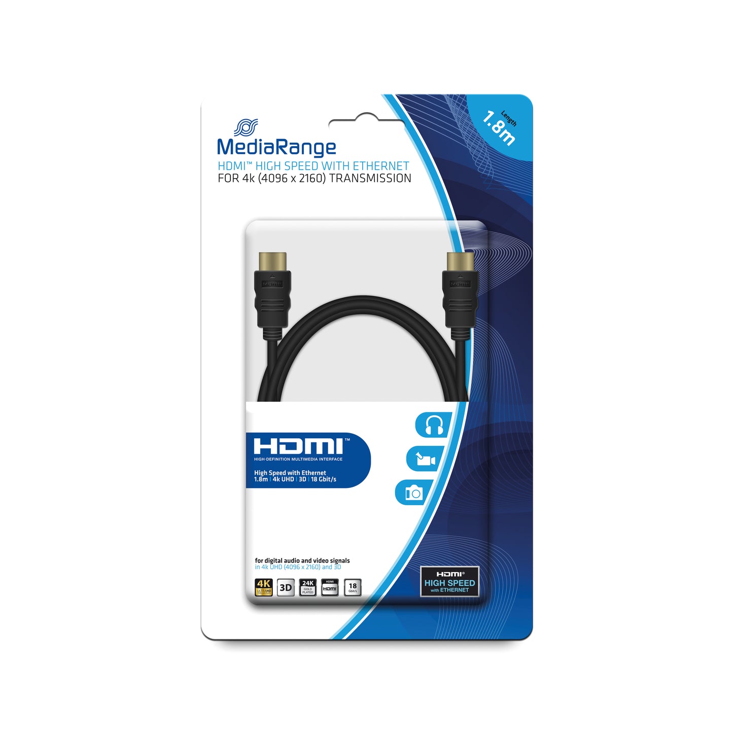 MediaRange HDMI Cable with Ethernet 18Gbit 1.8m Black MRCS156