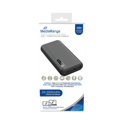 MediaRange Mobile Fast Charger Power Bank 20.000mAh 2x USB A x1 USB-C Black MR756