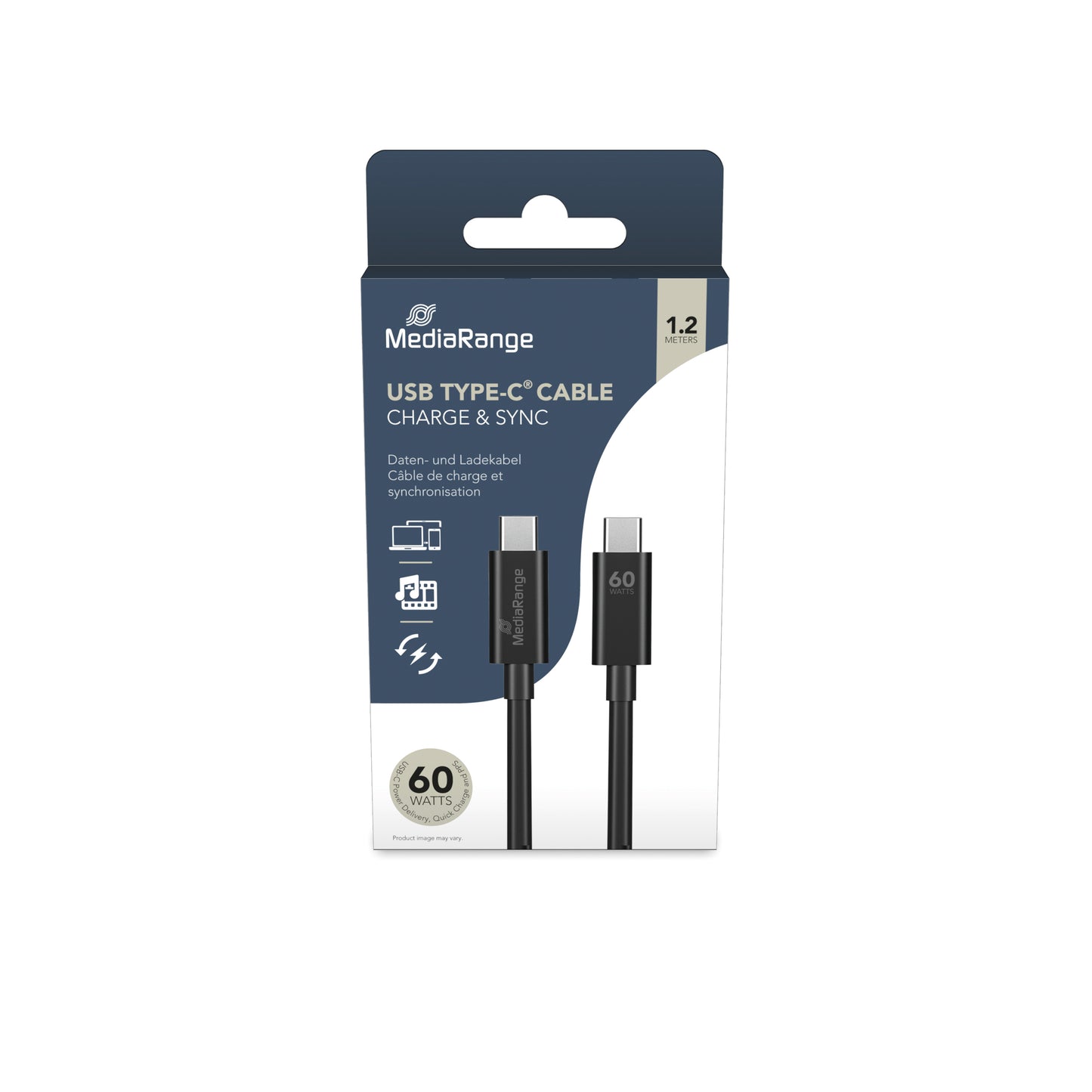 MediaRange USB Type C Cable Charge and Sync USB 3.0 5Gbit 60W Max 1.2m Black MRCS213
