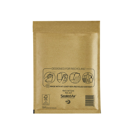 Mail Lite Bubble Postal Bag Gold D1-180x260 (Pack of 100) 101098093