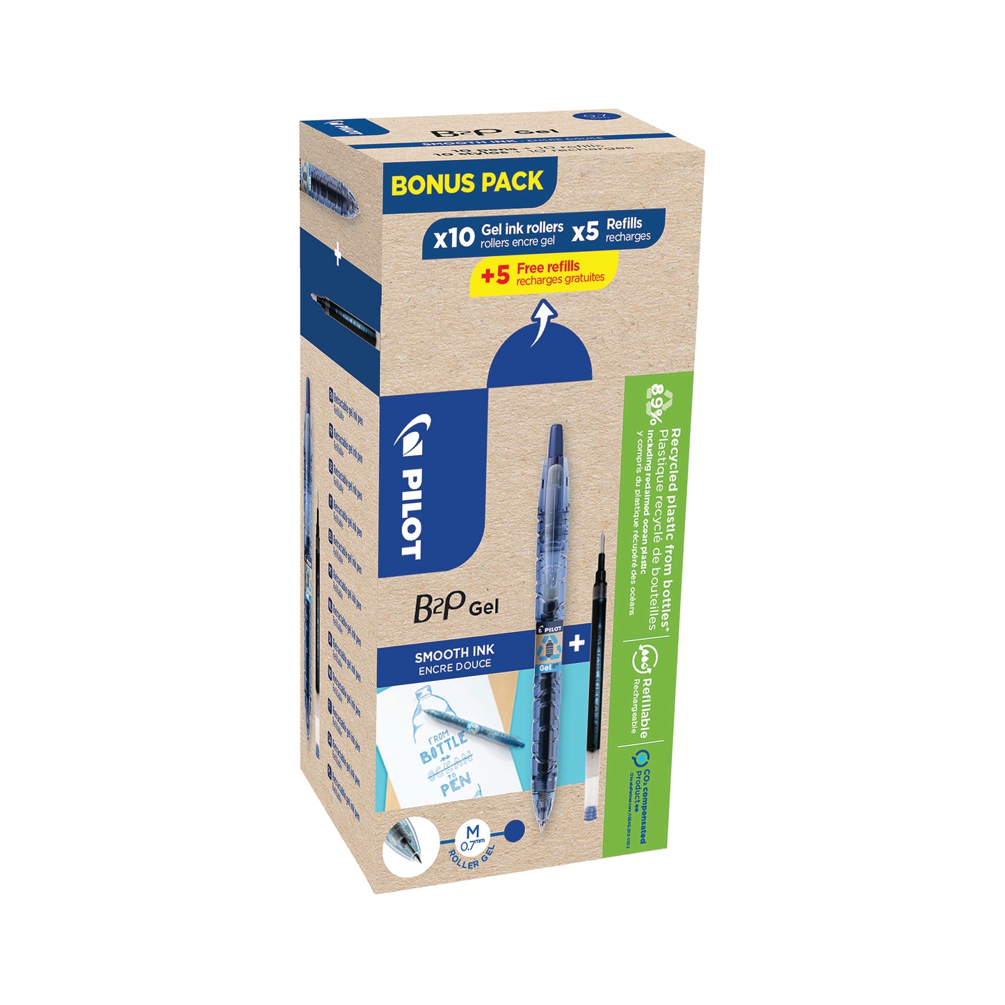Pilot B2P Greenpack Gel Rollerball Pen/Refill 10 Pen 10 Refill Medium Blue (Pack of 20) WLT556206