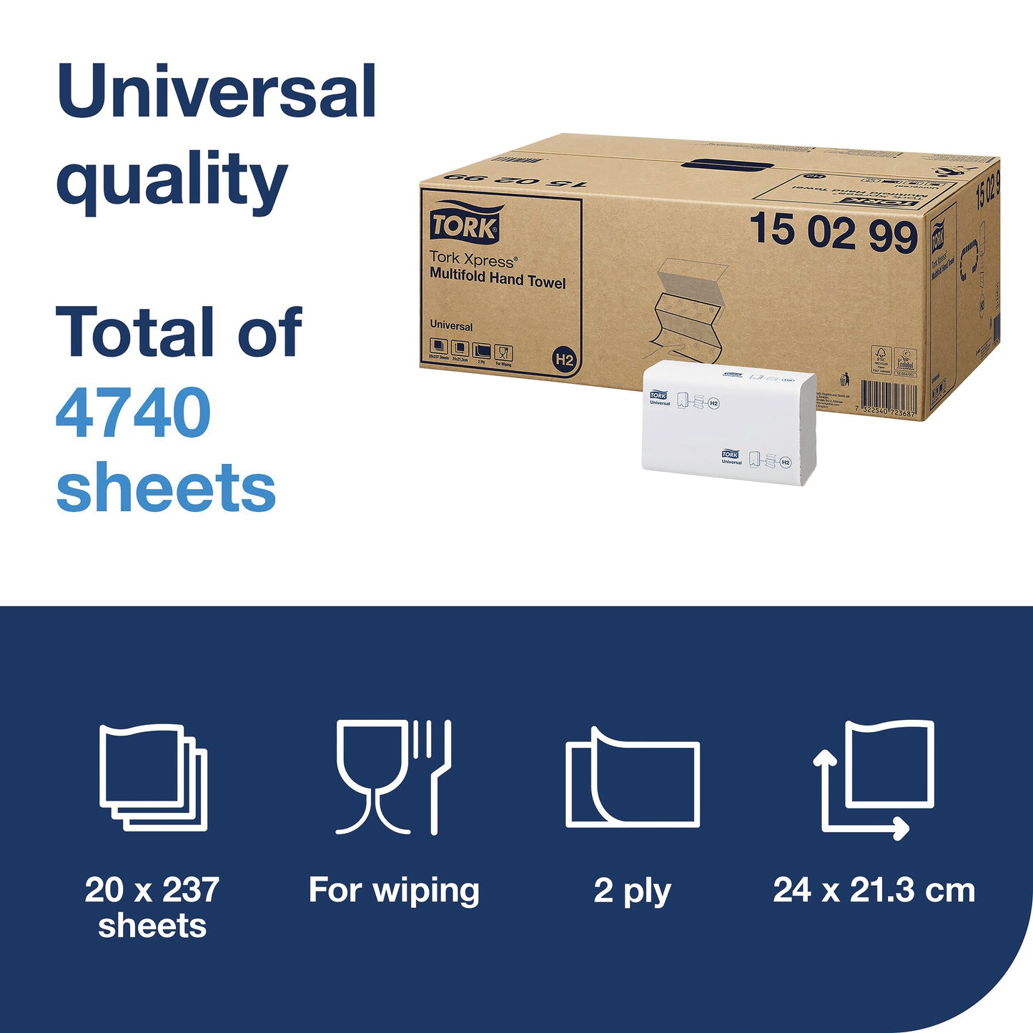 Tork Xpress Multifold Hand Towel Universal H2 20 Sleeves White (Pack of 4740) 150299