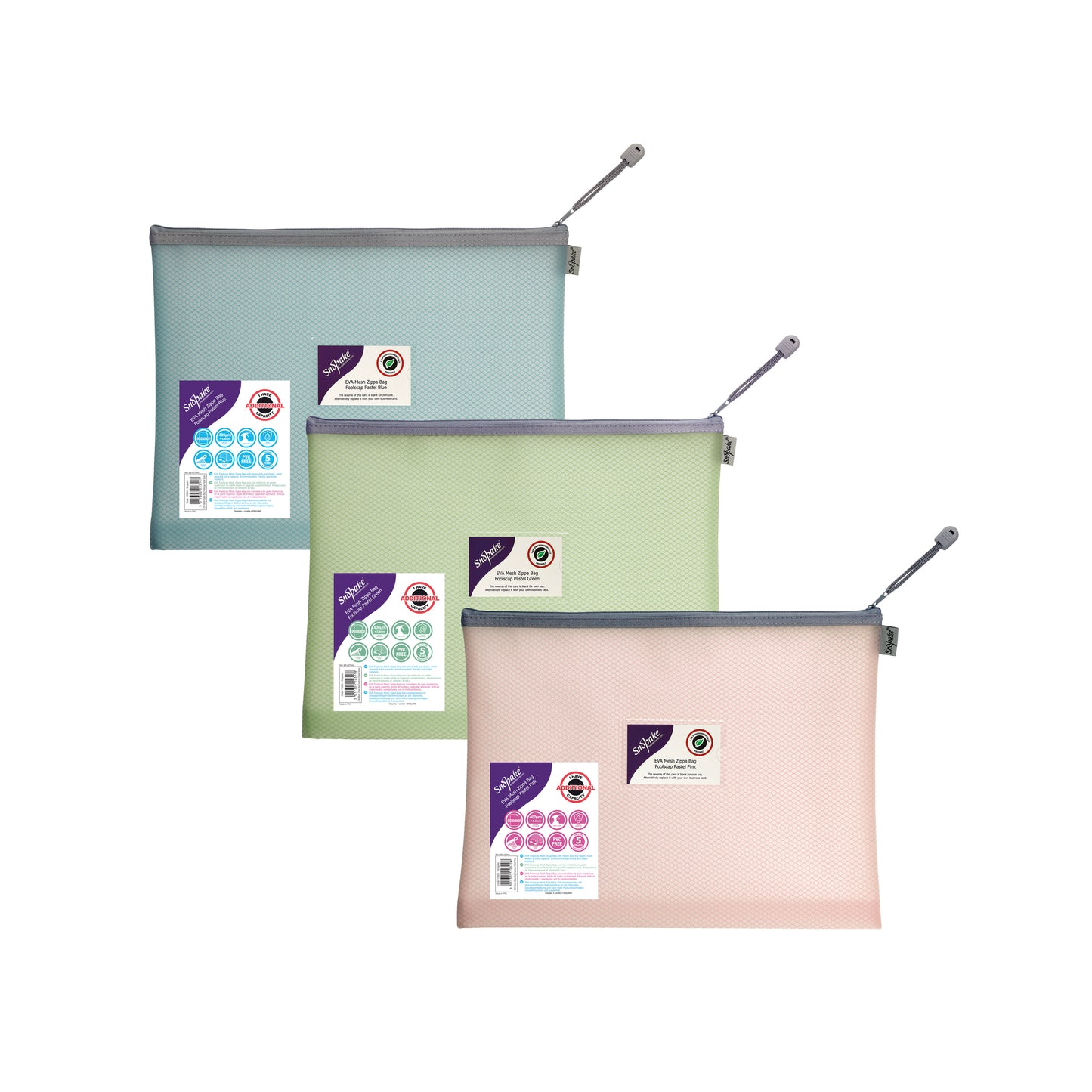 Snokpake EVA Mesh High Capacity Zippa Bag Foolscap Pastel Green (Pack of 3) 15905