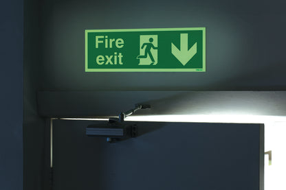 Safety Sign Niteglo Fire Exit Running Man Arrow Down Self-Adhesive 150x450mm NG28A/S