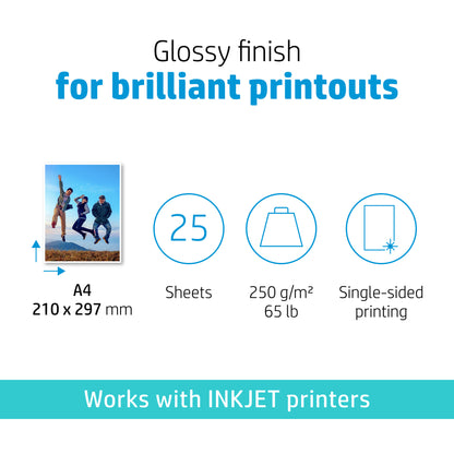 HP Advanced Photo Paper, Glossy, 250 g/m2, A4 (210 x 297 mm), 25 sheets