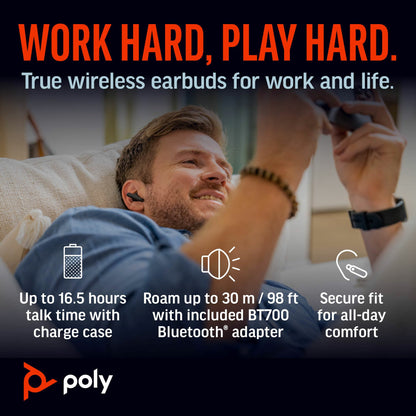 POLY Voyager Free 60+ UC M Carbon Black Earbuds +BT700 USB-C Adapter +Touchscreen Charge Case