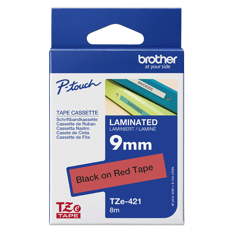 Brother TZE-421 label-making tape Black on red