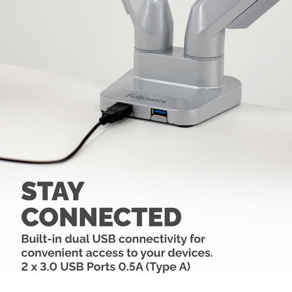 Fellowes Platinum Series Dual Monitor Arm - Monitor Mount for Two 8KG 40 Inch Screens - Adjustable Dual Monitor Desk Mount - Tilt 45° Pan 180ᵒ Swivel 360ᵒ Rotation 360ᵒ, VESA 75 x 75/100 x 100 - Silver