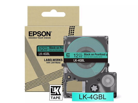 EPSON LK-4GBL COLOUR TAPE 12MM PEARL GREEN/BLACK (9M)